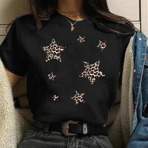 New Women Black Leopard Star T-shirts Fashion Cute Graphic Printed Tops Tshirt Summer Female Tee Shirt Ladies Clothes