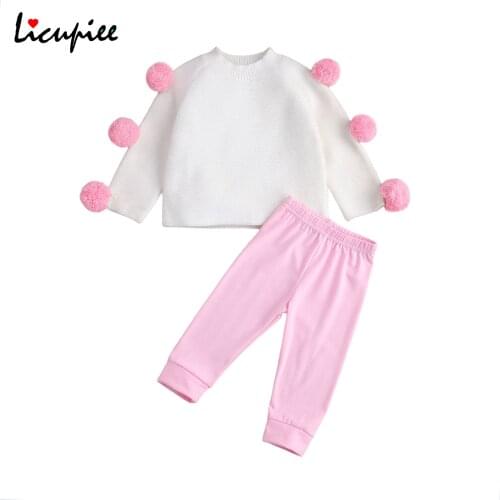 1-6 Years Childrens Two Piece Set, Babys Shoulder Ball Sweater Crew Neck Long Sleeve Pullover Side Stripe Pants for Girls