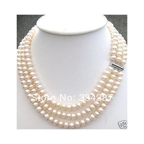 NEW Natural freshwater pearls 7-8MM 3 row nobler Cultured White Pearl Necklace