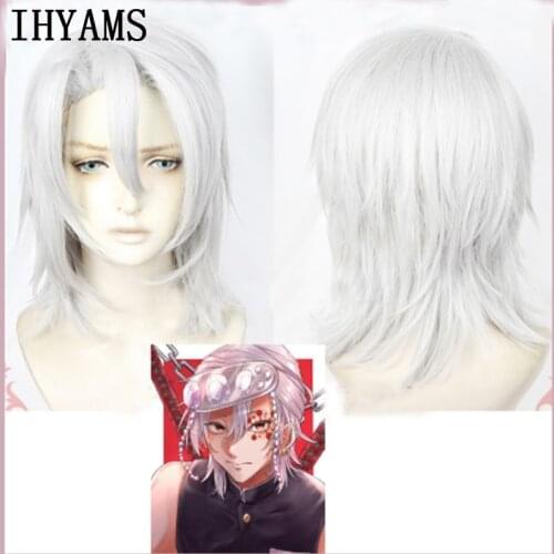 Anime Kimetsu no Yaiba Uzui Tengen Cosplay Wig Demon Slayer Short Silvery White Hair Halloween Party Costume + Wig Cap