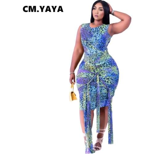 CM.YAYA Women Mini Dress Print Sleeveless O-neck Bandage Strechy Pencil Dresses Sexy Fashion Streetwear Summer Outfit Vestidos