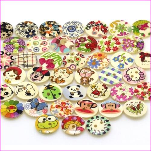 Fashion Cute Round Mixed Painted Design Pattern Decoration Clothing Accessories Sewing Buttons 2 Holes Wood Buttons Scrapbooking