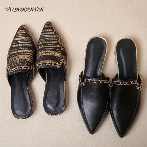 Spring and Summer New Muller Slippers Female Leather Flat Shallow Mouth Fashion Chain Low Heel Sandals