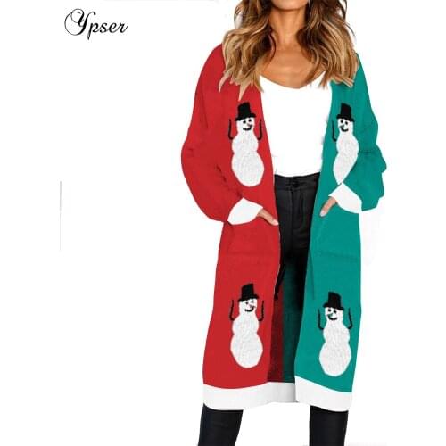 Ypser Christmas Long Cardigan Women Leopard Print Holiday Clothes Autumn Winter Casual Sweater