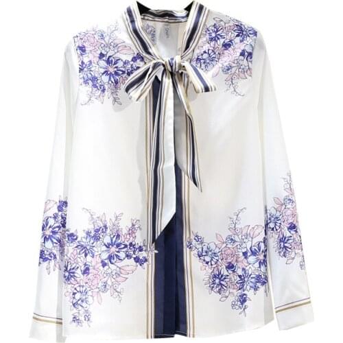 2021 Spring Womens Print Shirt New Female Korean Styl All-Match Bow Ribbon Color Matching Long-Sleeved Top Blouse