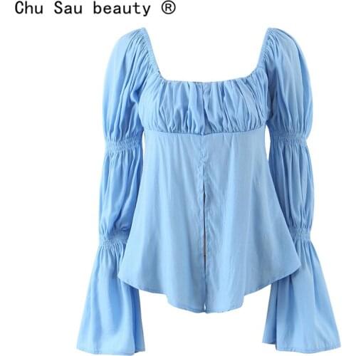 2021 new fashion spring vintage high street square collar flared sleeves elegant ruffled long-sleeved blouse chic top women