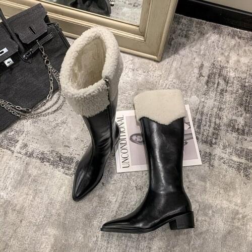 2020 New Genuine Leather Boots Women Shoes Zipper Warm Winter Boots Nature Sheep Wool Mid Calf Boots Ladies Botas