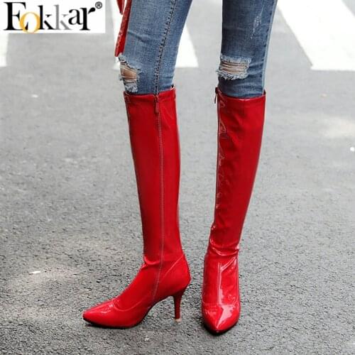 Eokkar 2020 Women Over The Knee High Boots Patent Leather Pointed Toe Thin High Heel Zipper Clup Party Ladies Boots Size 34-43