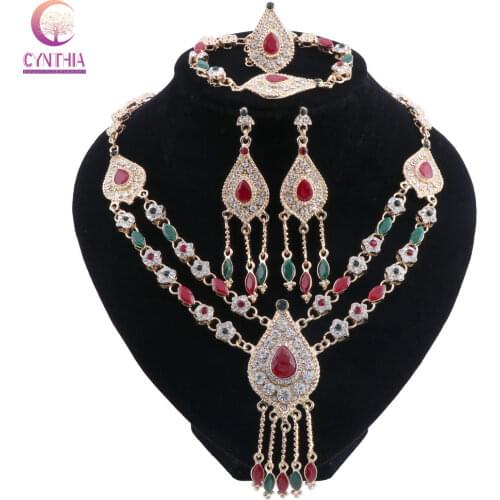 Gold Color Crystal Plum blossom Womens Earrings Necklace Bracelet Ring Set New Simple Party Dress Tassel Zircon Jewelry Sets