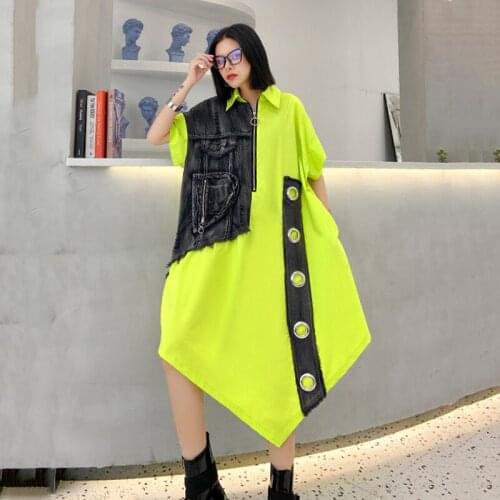2021 Womens Denim Irregular Split Joint Big Size Dress New Lapel Short Sleeve Loose Fit Fashion Tide Spring Summer Female Dreess