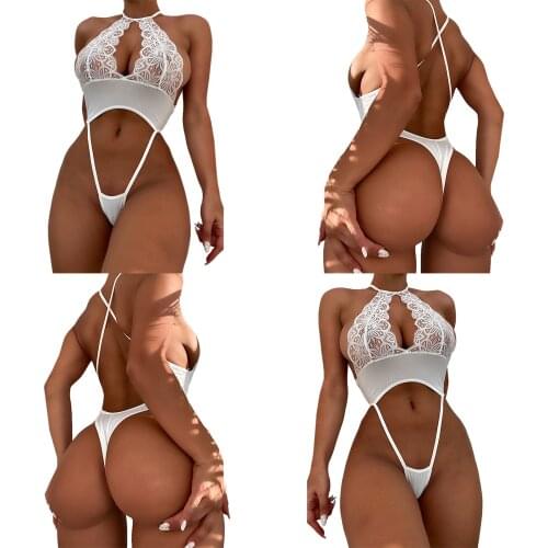 Hirigin New Fashion Women Erotic Lingerie Halter Bodysuit with Flower Pattern Sexy Hollow Decoration High Waist Thong Playsuit
