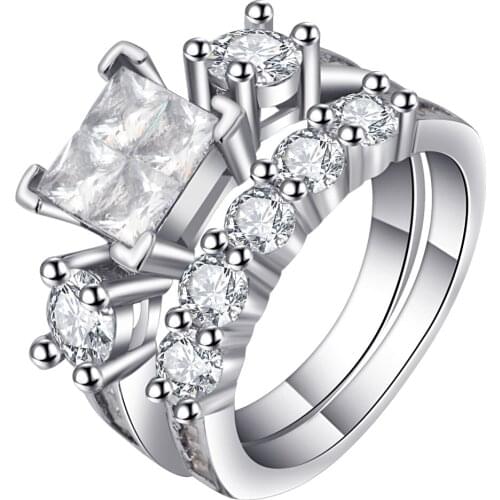 Silver Color clear square Crystal Ring Sets Fashion Wedding & Engagement Ring Set Jewelry For Women with Austrian Crystal
