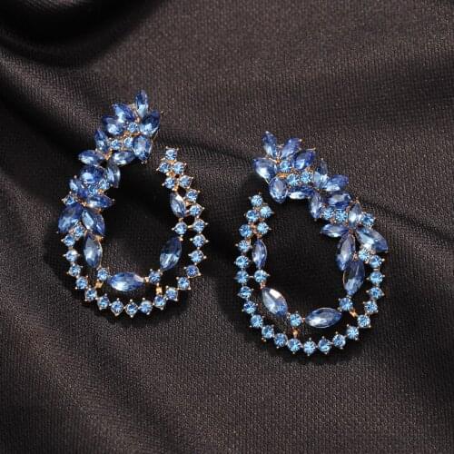Ztech Luxury Blue Crystal/Rhinestone Big Oval Stud Earrings For Women Girls Wedding Party Jewellry Maxi Earrings Wholesale