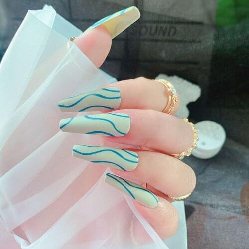 24pcs/Set Geometric Matte Fake Nails Coffin Shaped Extra Long Green Stripe Acrylic Ballet Nails False Fingernail Tips with Glue