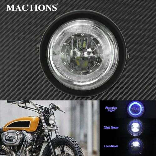 6.5" Motorcycle Vintage Headlight Blue Light Lamp Cafe Racer Front Headlamp For Harley Softail Touring Street Glide Sportster XL