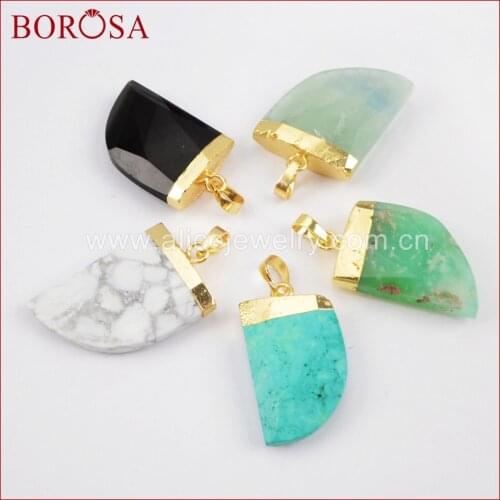BOROSA Wholesales Natural Stones Horn Pendant Beads,Green Jades Howlite Agates Charm for Women Necklace Jewelry Findings WX801