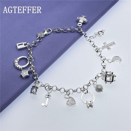 AGTEFFER 925 Sterling Silver Moon Heart Lock Cross Bracelet For Men Woman Charm Wedding Engagement Party Fashion Jewelry