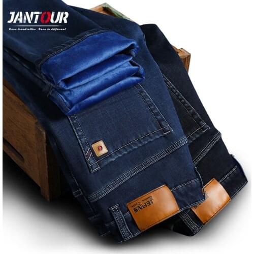 Fleece/Regula)Winter Thermal Warm Flannel Stretch Jeans Mens Quality Fleece Pants Men Straight Trousers big size 35 40 42 44 46