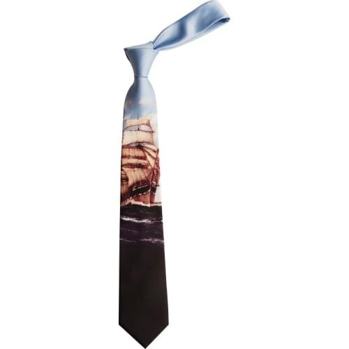 Free shipping New male female Original design Blue sailing boat 7CM printing tie sea wave texture retro personality necktie