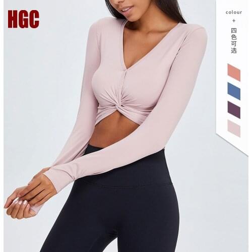 HGC Yoga Shirts Women Long Sleeve V-neck Sexy Fitness Top Sports Pullover Training Workout Running Dry Fit Sexy Gym Crop Top