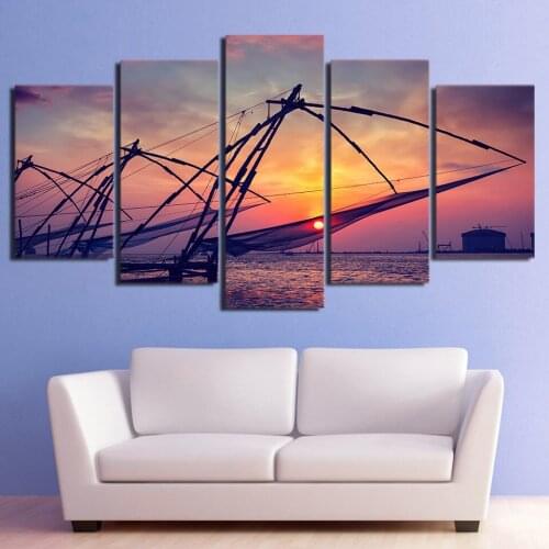 5 Panel Dusk Bay Sailing Boats Painting Wall Art Modular Poster HD Printed Living Room Pictures Home Decor Canvas Modern Frame