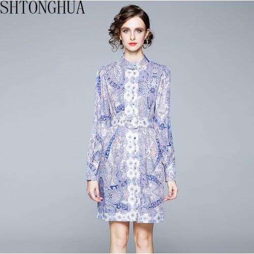 2020 New Autumn Stand Collar Retro Print Dress Elegant Womens Long Sleeve Single Breasted Belt Shirt Dress Vintage Vestidos