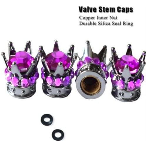 WholeSale 100pcs/lot Aluminum Wheel TyreSilver Crown Purple Pink Red Diamond Car Tire Tyre Valve Dust Caps Covers W rubber Ring
