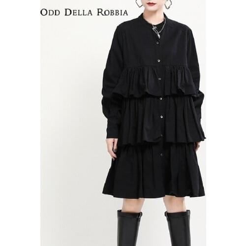 OddDellaRobbia Women Dark Gothic Lolita Ruffled Padded Dress With Stitching Long Sleeved A Line Waist Knee Length Cake Skirts496