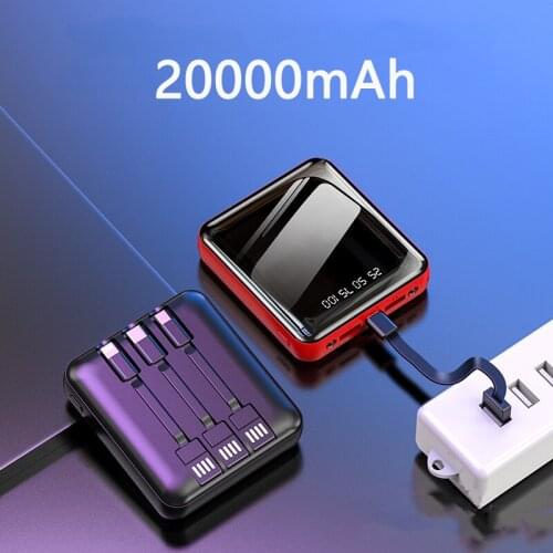 20000mAh Mini Power Bank Built in Cable Portable Charger Full Screen Digital Display Powerbank External Battery Pack Power Bank