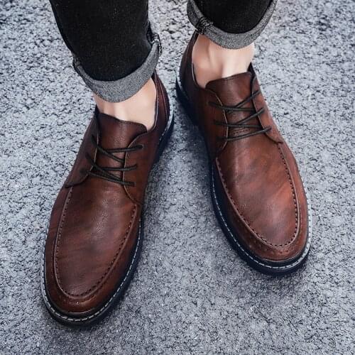 Casual British Style MenS Leather Shoes Soft PU Vamp Lace Up Round Toe Casual Driving Shoes Men Solid Fashion Casual