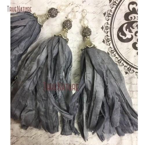 Gray Sari Silk Tassel Pendant Bohemian Tassels Pendant Antique Silver Fluted Bead Pave Cap Czech Glass Jewelry PM14454