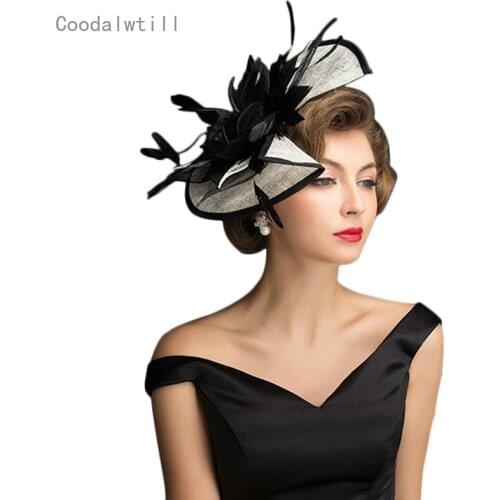 Ladies Church Royal Fascinators Wedding Race Sinamay Cocktail Fascinator Female Linen Feather Chapeau Hat Party Fedora Cap KNF17