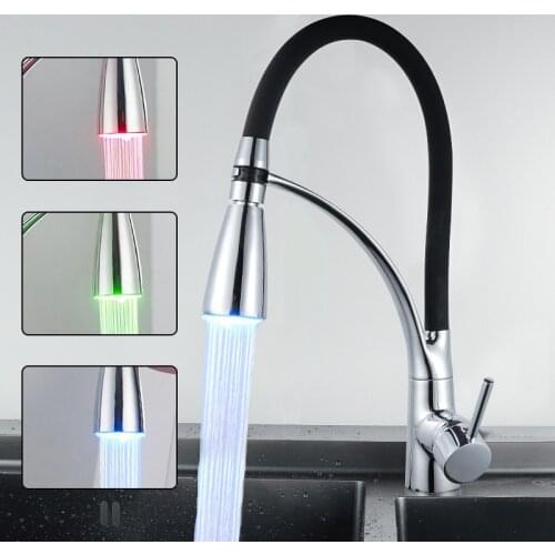 LED Kitchen Faucet Pull Out Spring Sink Mixer Tap Hot Cold Water Crane For Bathroom Accessories 360 Rotation Shower Single Hole