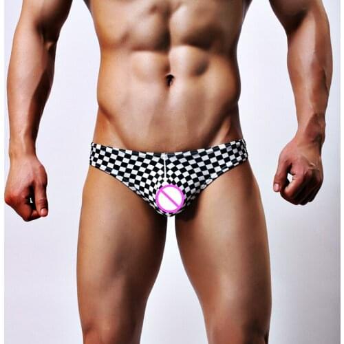 Sexy Mens Black White Checks Briefs Pouch T-back Lingerie Underwear Male G-String Thong Shorts Underpants