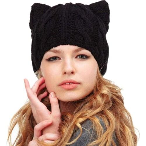 Womens Hat Cat Ear Crochet Braided Knit Caps Solid Color Winter Wool Beanies Cap Cute Lady Bonnet gorros mujer invierno