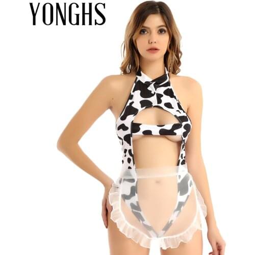 Womens Bunny Girl Maid Role Playing Japanese Cow Print Hollow Out High Cut Thong Leotard Bodysuit Lingerie Sex Cosplay Costume