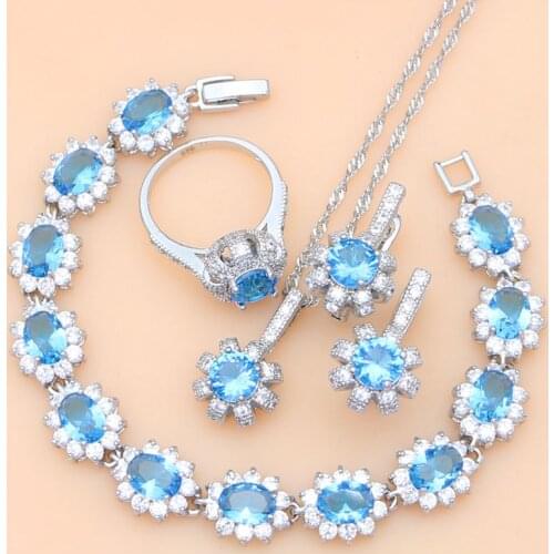 925 Silver Bridal Jewelry Sets Sky Blue CZ For Women Anniversary Earrings With Stone Dropshipping Necklace Set