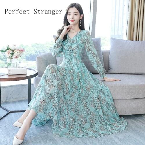 2020 Autumn New Arrival High Quality Elegant V Collar Long Sleeve Flower Printed Ruffles Women Chiffon Long Dress