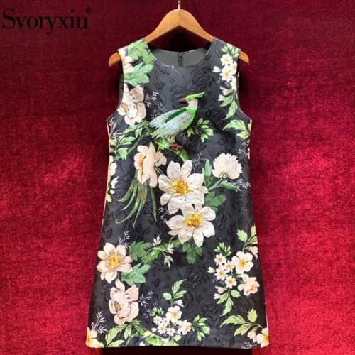 Svoryxiu Runway Summer Vintage Jacquard A-Line Short Dress Womens Fashion Beaded Flower Print Black Sleeveless Mini Dresses