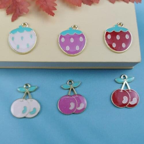 10pcs Enamel Cherry Strawberry Charm Fruit Jewelry Accessories Earring Pendant Bracelet Necklace Charms Zinc Alloy Diy Finding