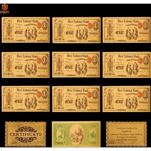 10Pcs/Lot NICE US 1875 Color Gold Banknotes 1 Dollar Banknote in 24k Gold 9999999 Fake Money For Collection