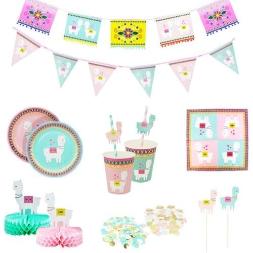8Pcs Alpaca Paper Cups Disposable Pink Light Green Tableware Paper Straws Cup Plates Kids Birthday Party Decoration PAT96
