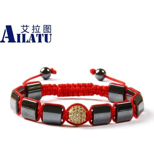 Ailatu Wholesale 10pcs/lot Black Helmatite Stone Square with Clear Cz Beads Macrame Braiding Bracelet for Mens Gift