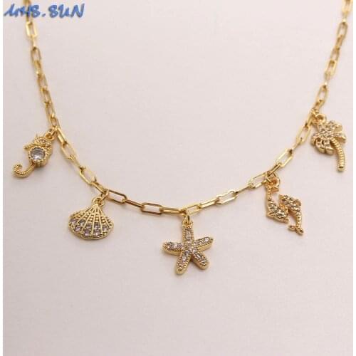 MHS.SUN Ocean Style Small Starfish/Shell/Dolphin Charms Chain Necklace Women Girls Fashion Zircon Necklace Choker CZ Jewelry