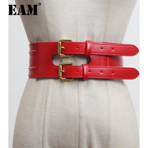 [EAM] Pu Leather Black Buckle Split Joint Wide Belt Personality Women New Fashion Tide All-match Spring Autumn 2021 1Z425