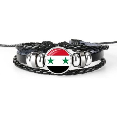 2019 New Fashion Handmade Syria America Flag Bangle Bracelet for Men and Women Glass Cabochon Leather Bracelet Jewelry Gift