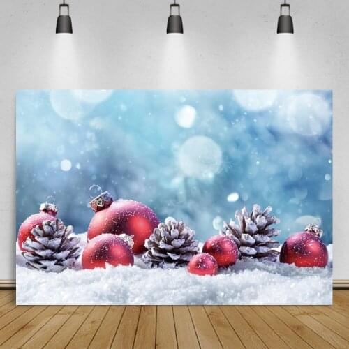 Laeacco Christmas Winter Backdrop Falling Snowflake Pine Cones Red Ball Light Bokeh Photocall Poster Child Photograph Background