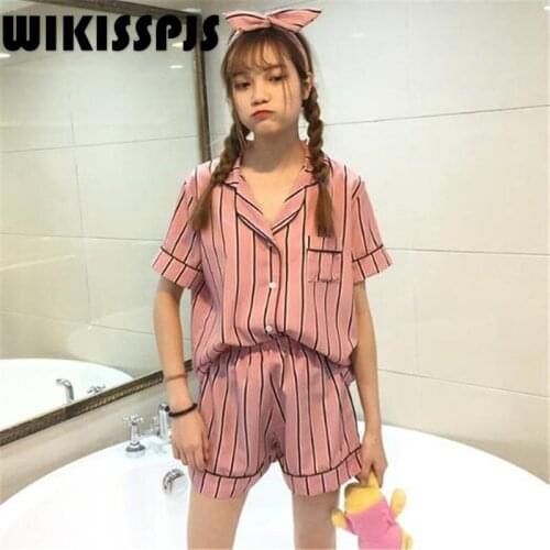 WIKISSPJS 2021 Summer New Mini Fresh Striped Short Sleeve Home Wear with Hair Band Three Piece Set Lounge Wear Turn-down Collar