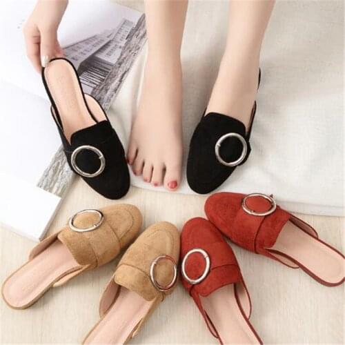 New Autumn Womens Toe-covered Sandals Outdoor Soft Sole Slides Ladies Flat Lazy Slippers Cow Suede Woman Mules Shoes Big 31-43