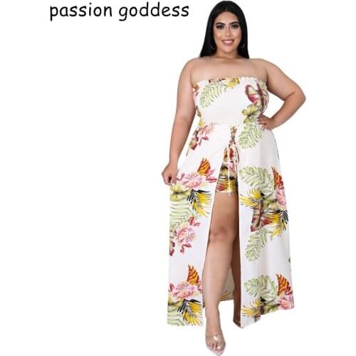 3XL 4XL 5XL Women Sexy Strapless Slash Neck Long Maxi Dress Off The Shoulder Flower Print Split Lace Up Party Dress with Shorts